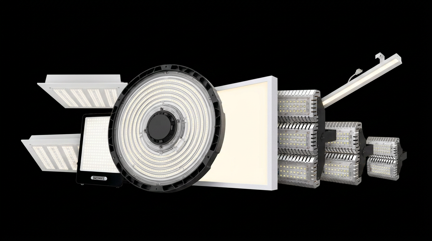 Linha profissional Taschibra — high bay, projetores, painéis, luminárias lineares e módulos LED
